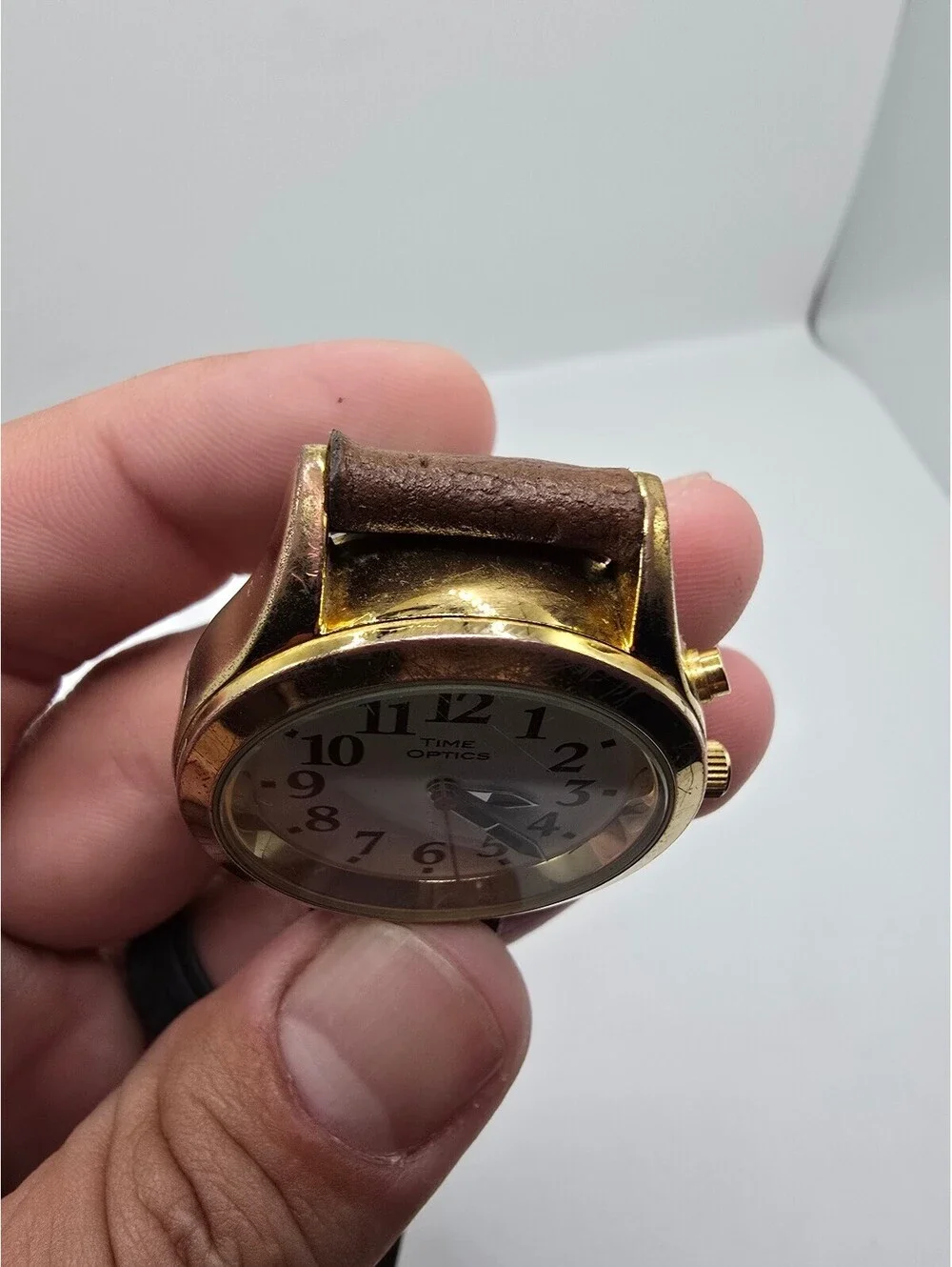 Time Optics Watch White Arabic Dial Gold Tone Brown Leather Strap